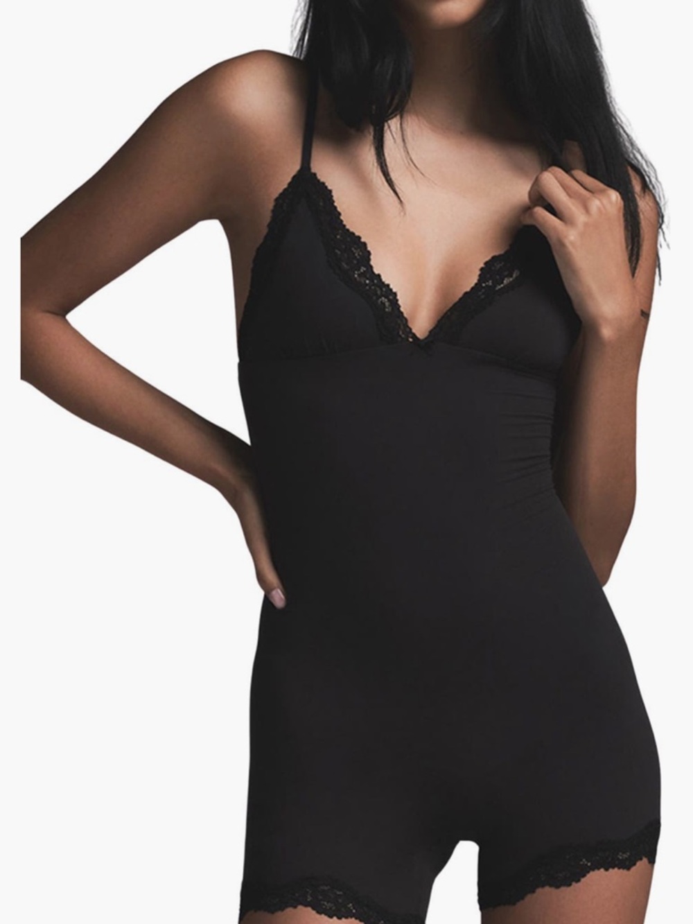 SKIMS Fits Everybody Lace Triangle Onesie Romper in onyx size medium